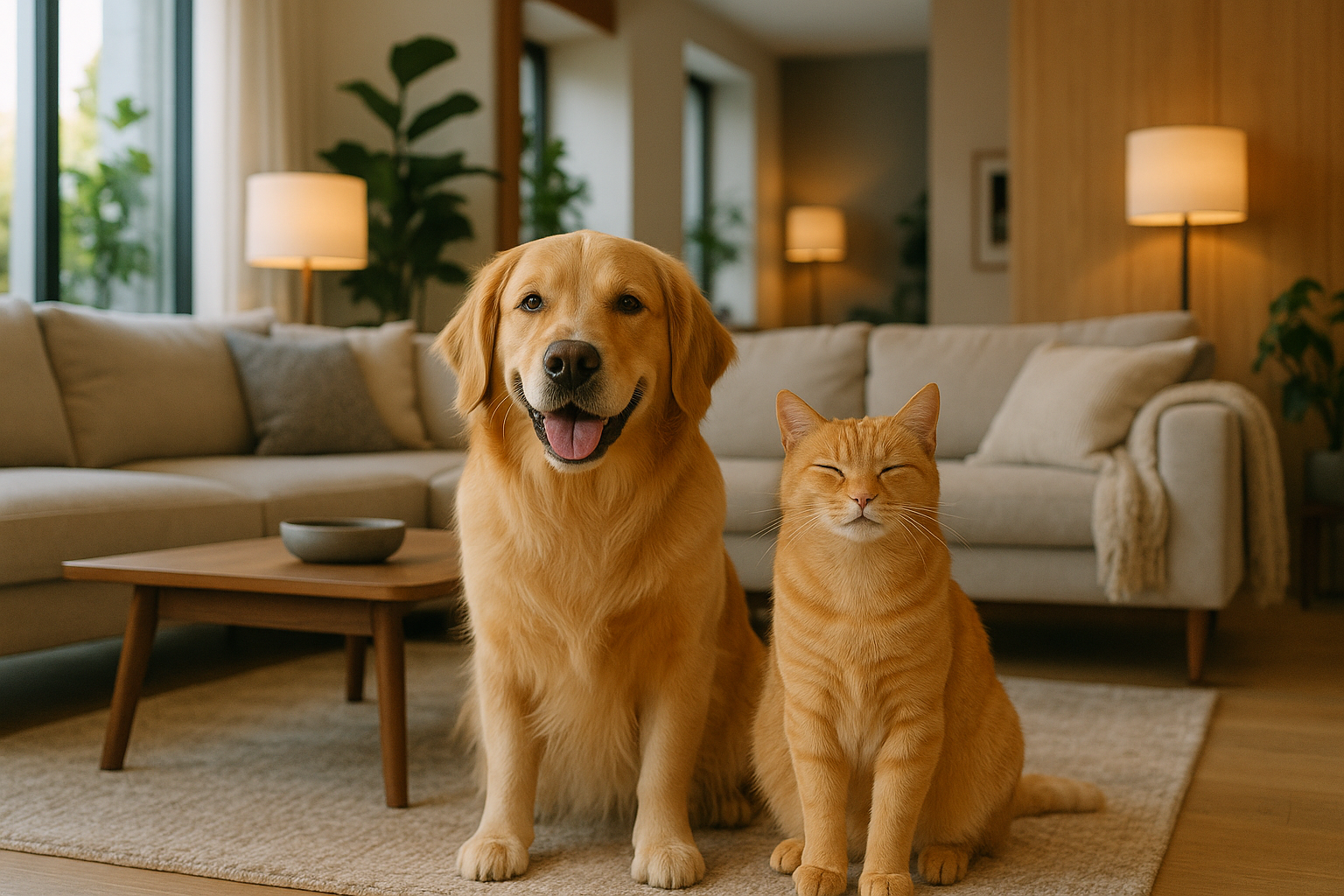 CHIEN AVEC CHAT HEUREUX DANS UN SALON MODERNE ET COSY